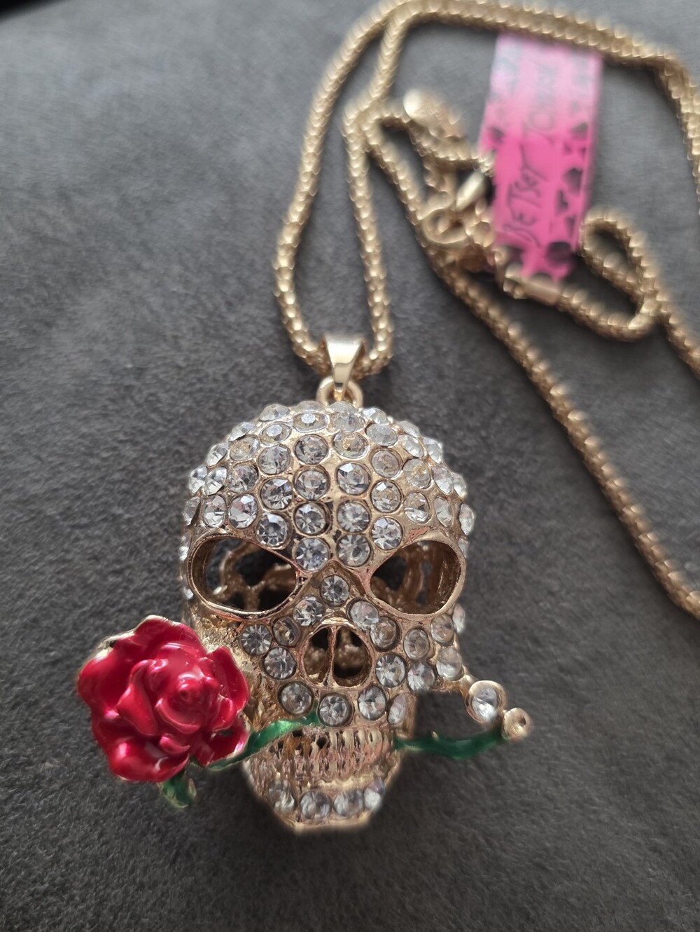 BETSEY JOHNSON Crystal Skull Red Rose Necklace NWT Retired Gothic